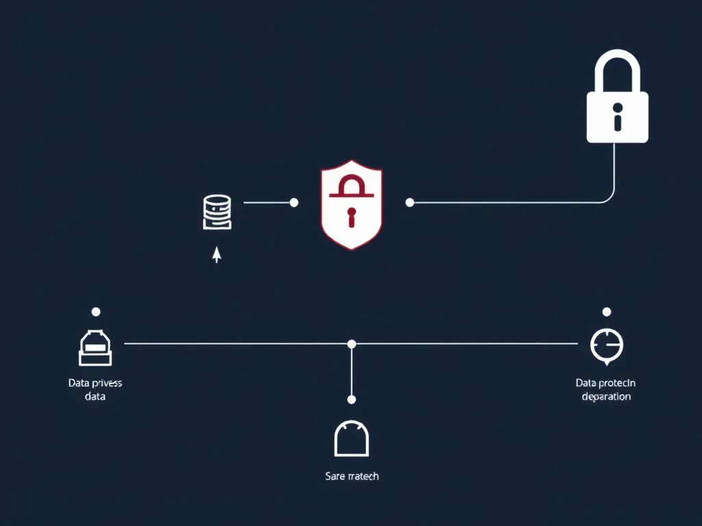 Data flow chart in a secure system, illustrating data protection and privacy throughout data lifecycle, high-quality, clean background.