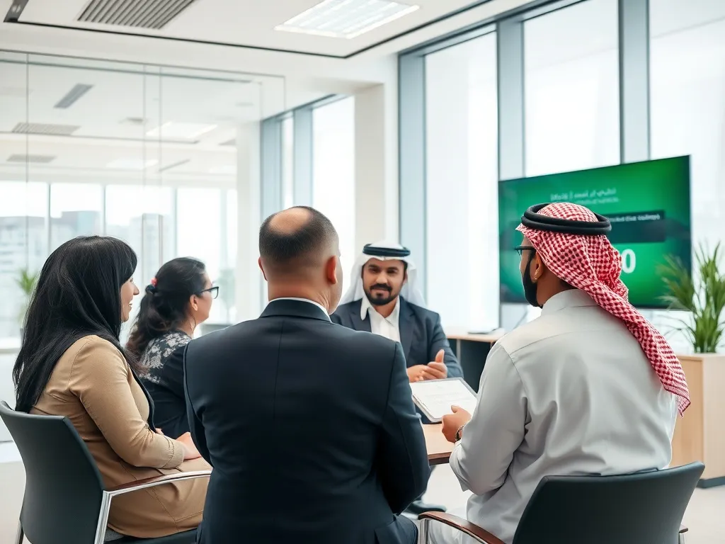 Modern office setting in a Saudi financial company, photorealistic, high-quality, business professionals engaged in innovation and transparency discussion.