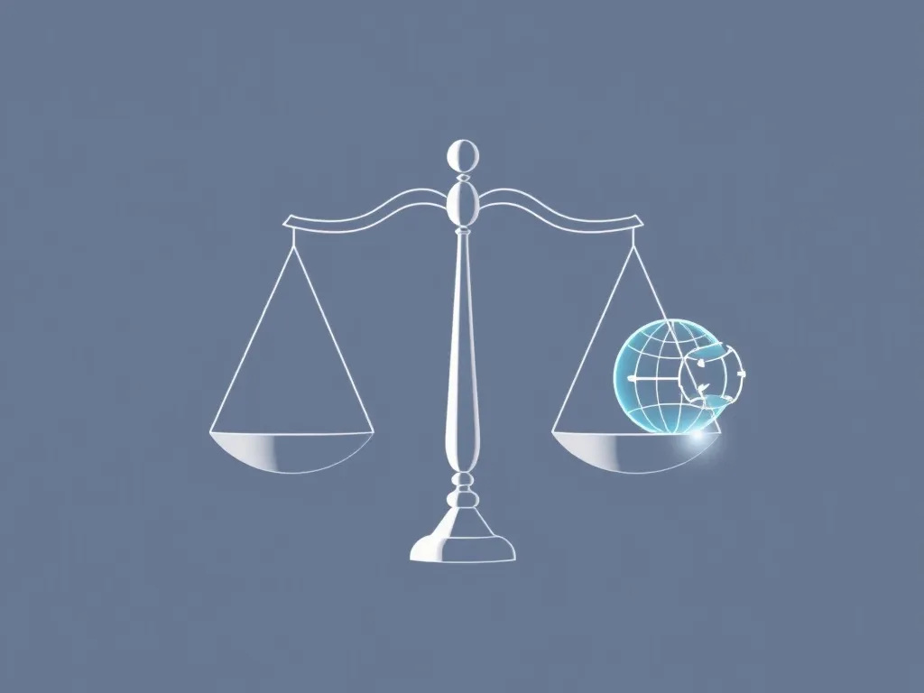 Symbol representing balance between ethics and innovation, scales intertwined with icons of efficiency and transparency, high-quality, minimalistic style.