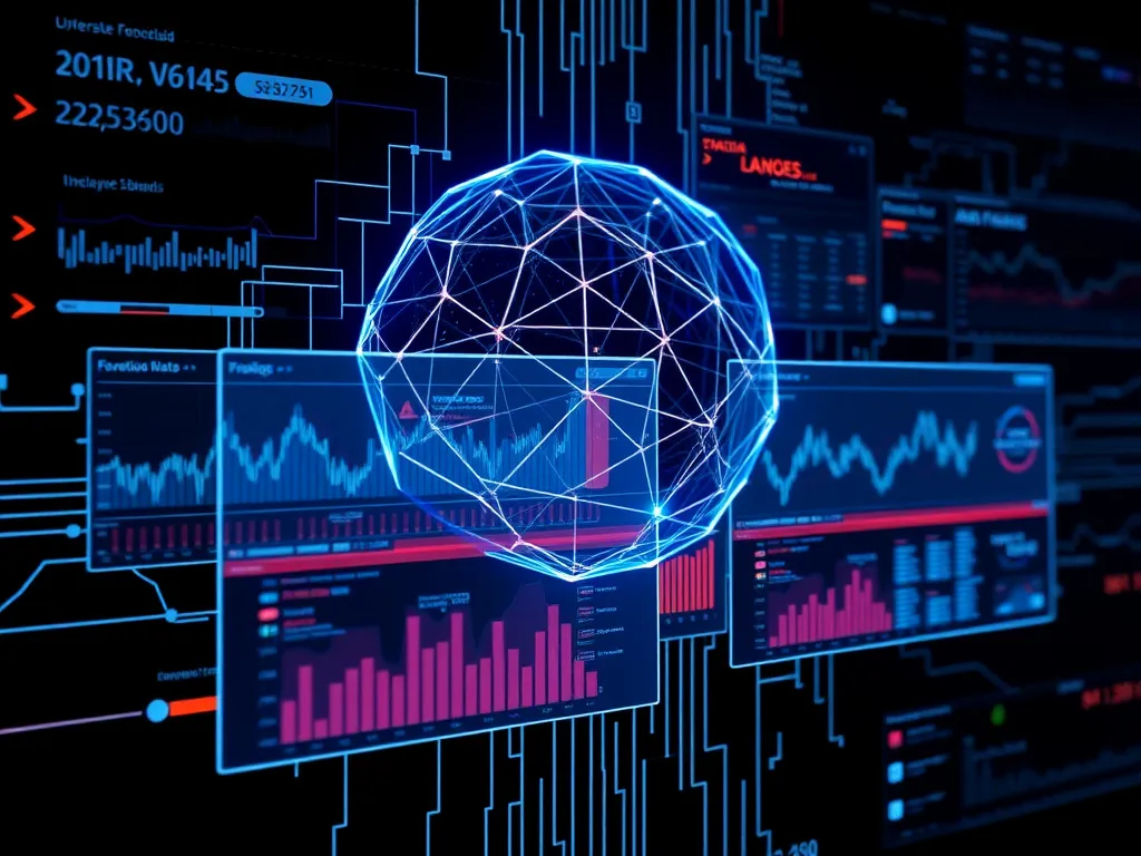 Graphical representation of AI algorithms analyzing financial data, digital screens with analytics, photorealistic, high-tech design