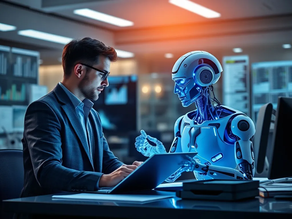 Imagery of collaboration between human and AI in financial tasks, detailed, futuristic office setting