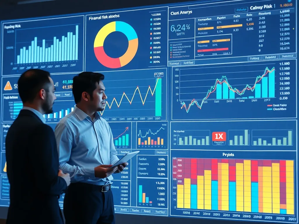 Detailed visualization of financial risk assessment using advanced data analytics, with business professionals discussing insights