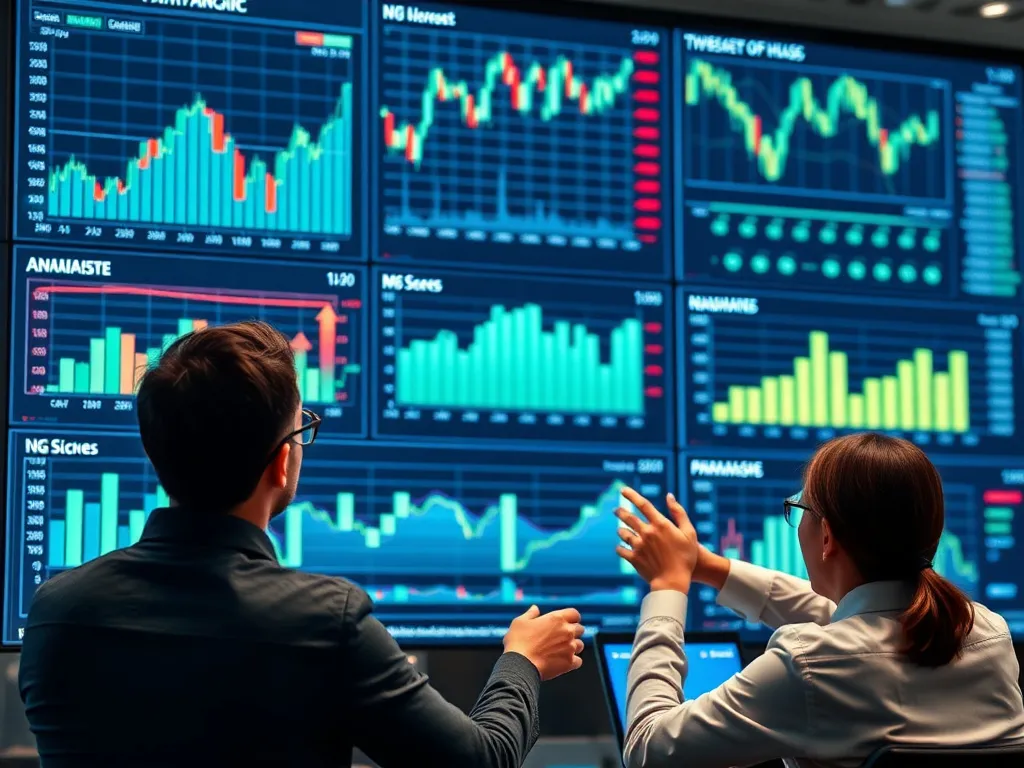 Detailed financial analysis charts and graphs on a large screen, with analysts pointing out key insights and data points.