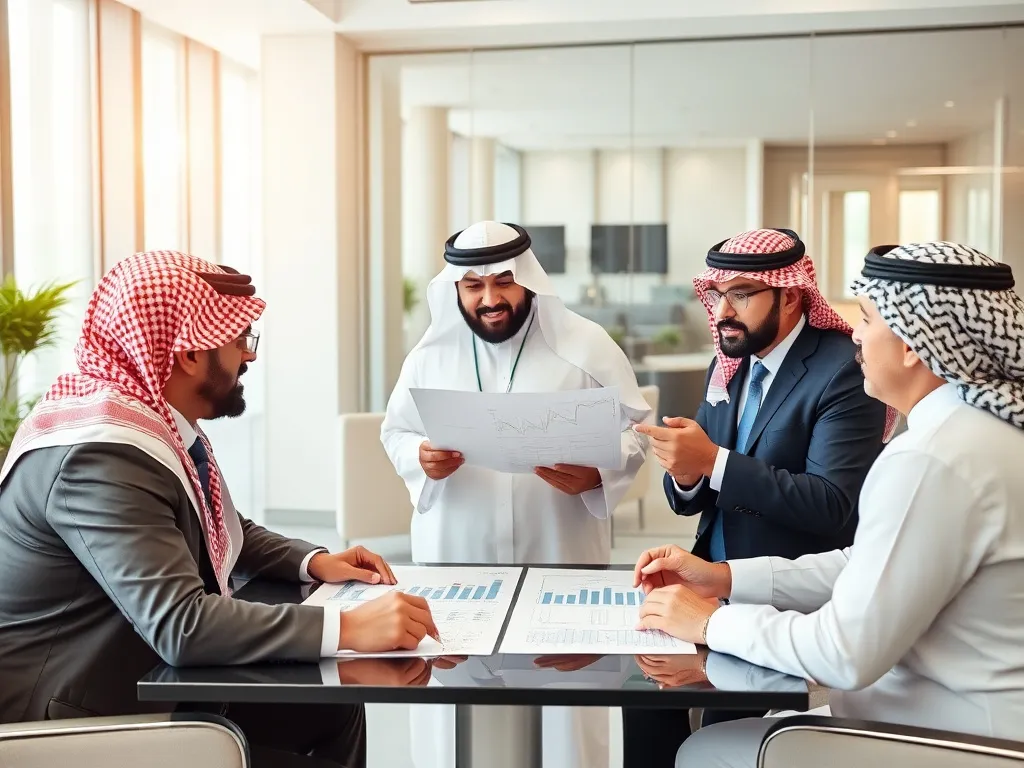 High-level financial consultants discussing strategic growth plans with Saudi business executives in a modern office setting, professional and focused atmosphere.