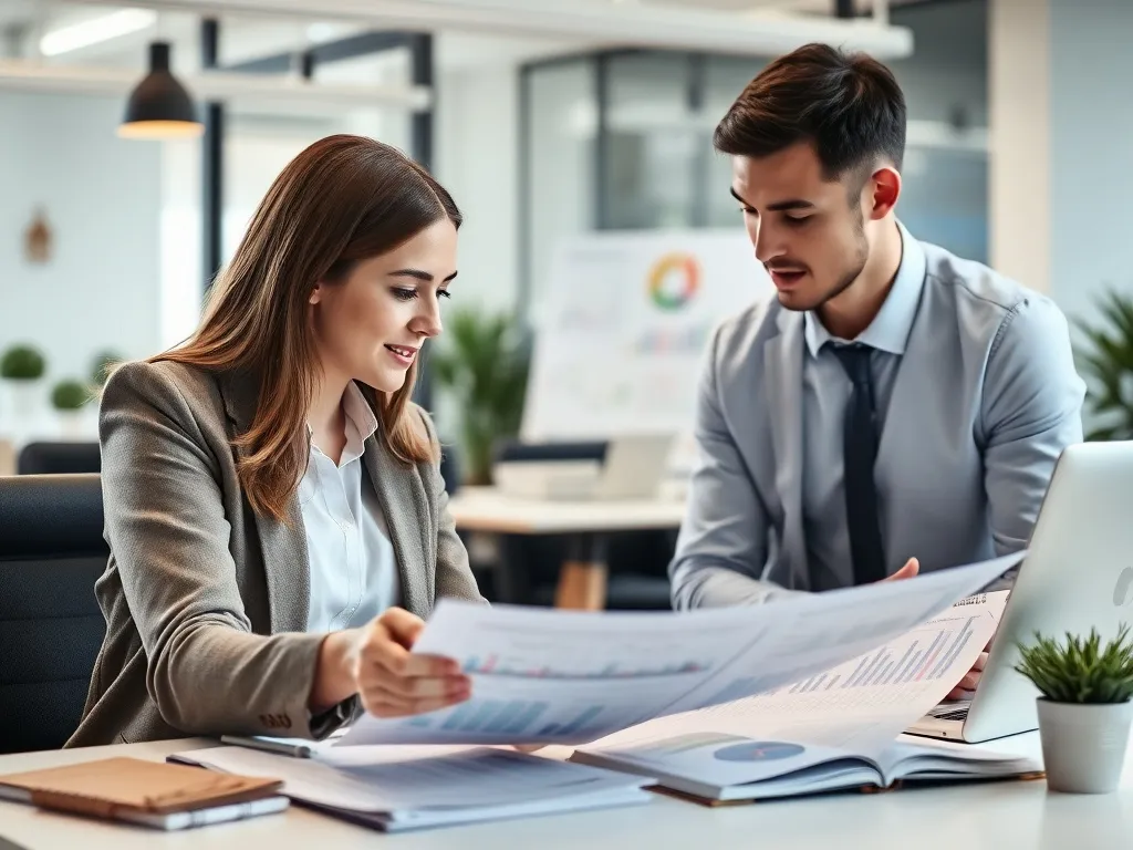 Professional accountant analyzing financial reports and consulting with startup founders in a modern office setting, detailed, high quality