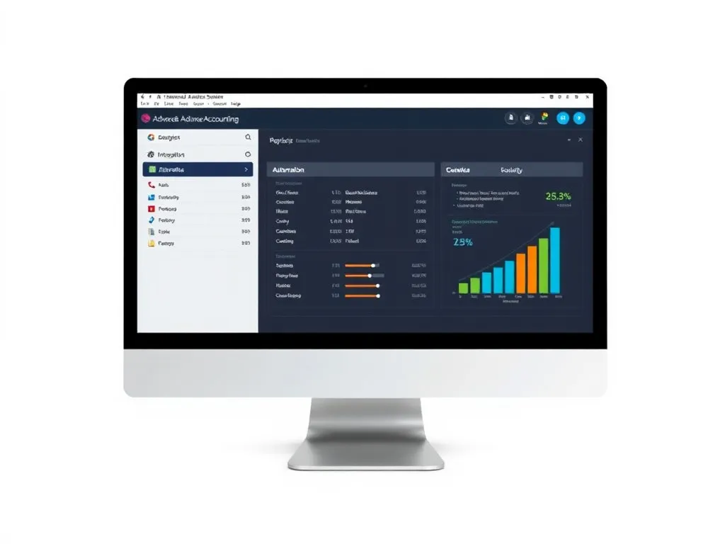 Advanced accounting software interface displayed on a computer screen, illustrating automation and integration features, clean and modern design