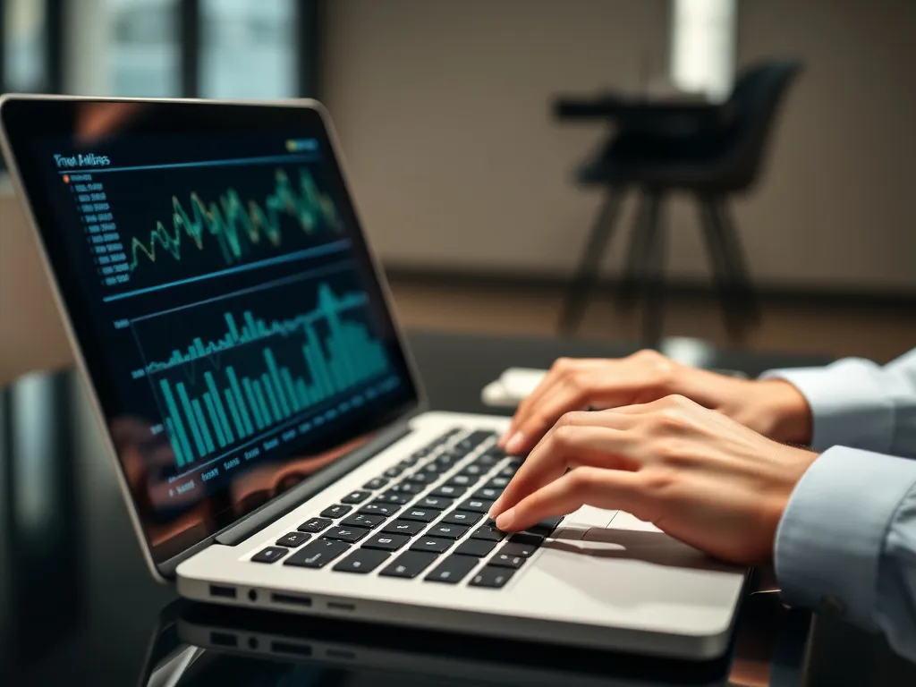 Close-up of hands working on a financial analysis on a laptop, showing charts and figures, professional lighting, minimalist office background