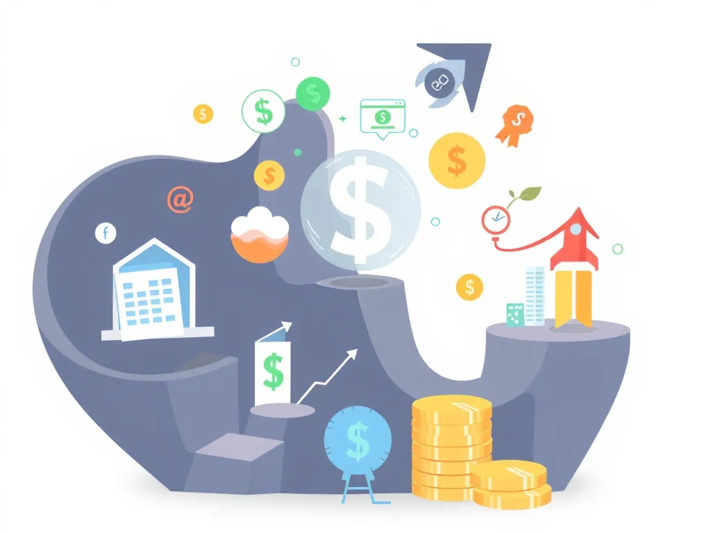 Conceptual image of financial challenges faced by startups, featuring symbols of financial crises and solutions, high quality digital art