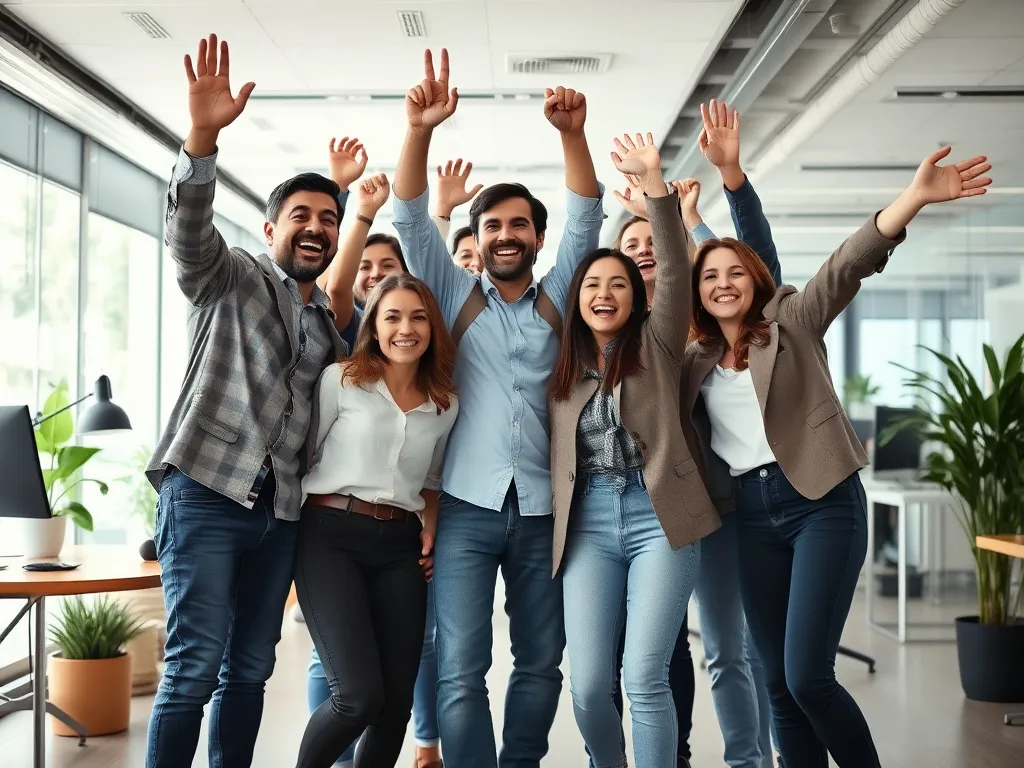 Successful startup team celebrating business victory in a dynamic business environment, high energy, inclusive atmosphere