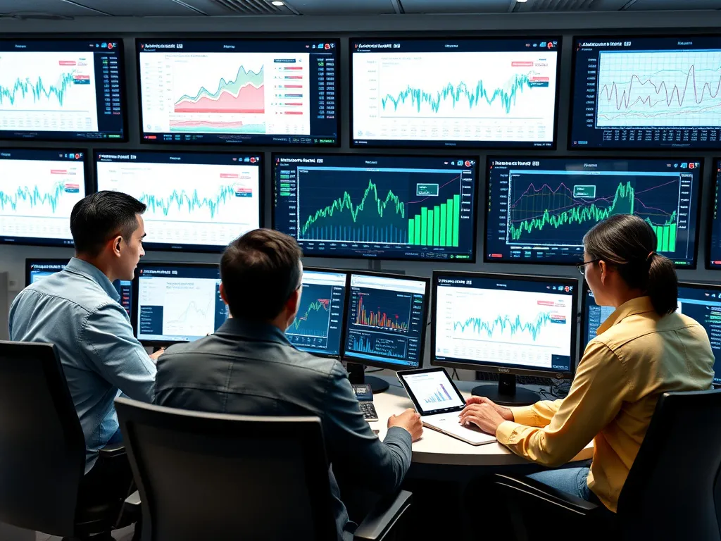 Team of accountants using advanced accounting software on multiple screens, showcasing graphs and financial data, photorealistic, modern instruments