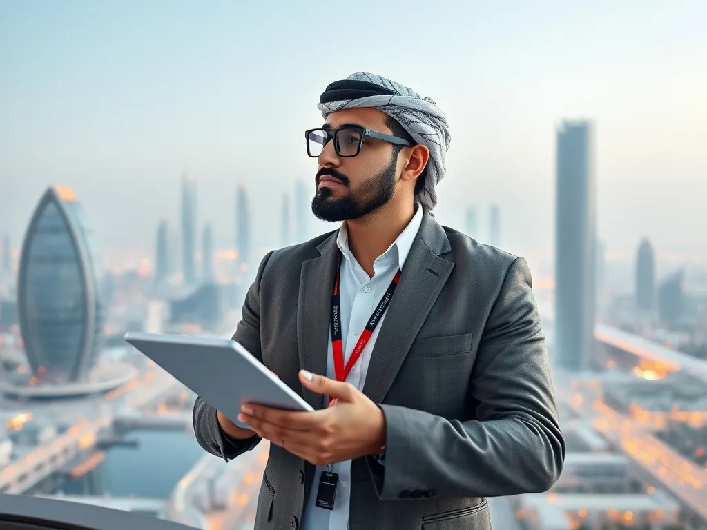Visionary accountant strategizing for future growth, with a futuristic cityscape of Jeddah in the background, highlighting the impact of professionals in Saudi Arabia