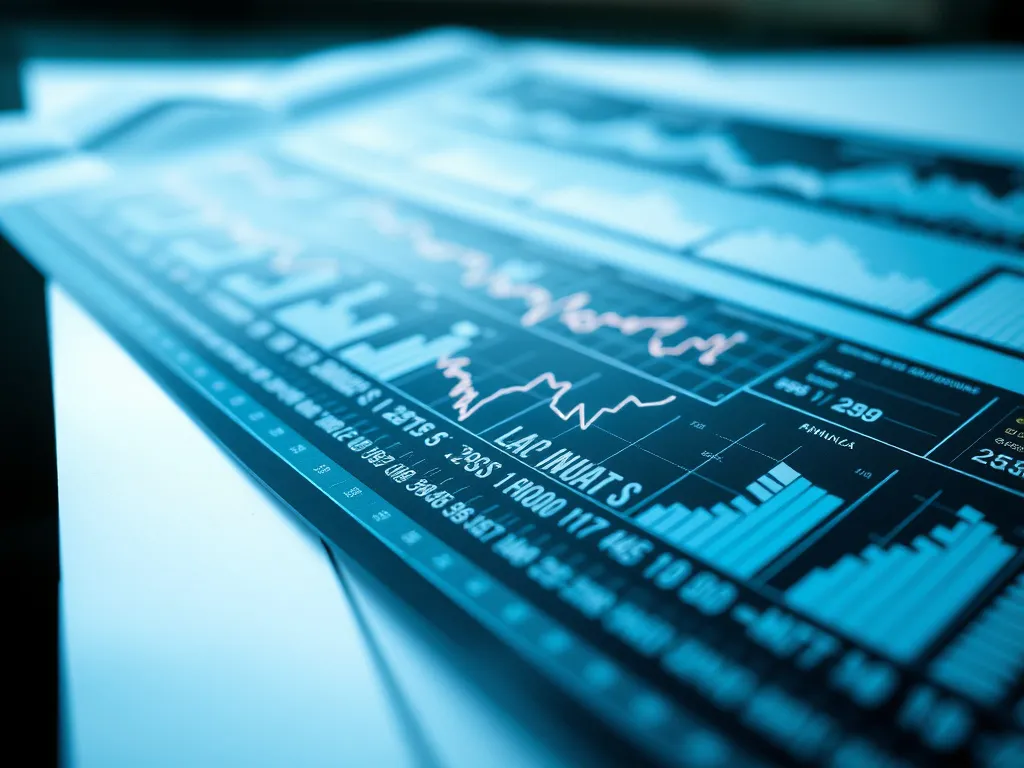 Detailed view of a digital ledger with financial metrics and graphs illustrating transparency and clarity, professional photography, clean background