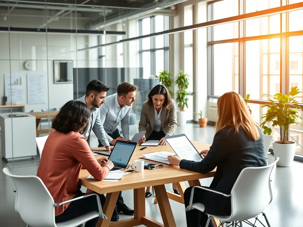 Image of a company team in a modern office setting, collaborating and training for tax compliance, showing teamwork and strategy