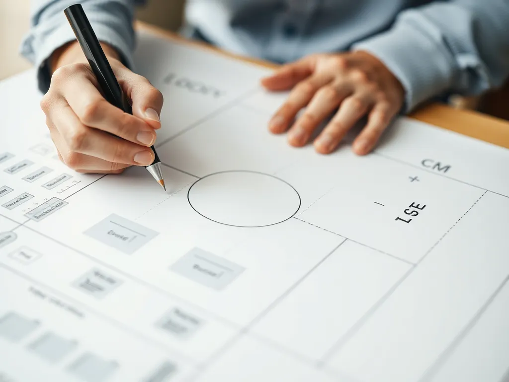 Close-up of a person sketching a business model canvas on a large sheet of paper, detailed, professional photography, strategy planning