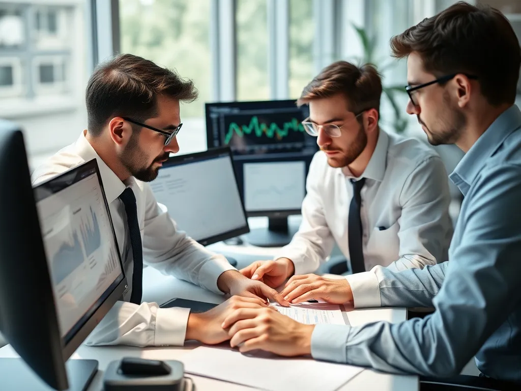 Financial analysts reviewing detailed financial reports on computers, professional setting, natural lighting, focused analysis