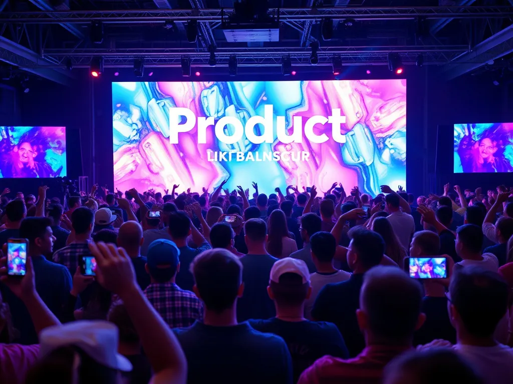 Product launch event with enthusiastic audience and vibrant displays, capturing excitement and anticipation