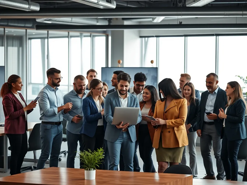 Team of diverse professionals collaborating in a modern office setting, high energy, focus on teamwork and innovation