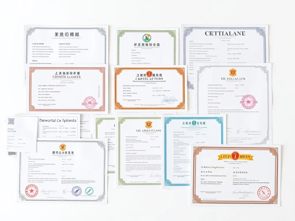 Visual representation of various legal documents such as business licenses and registration certificates, clean background, high quality