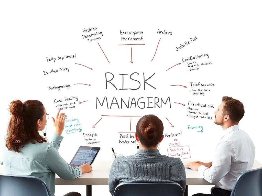 Creative team brainstorming risk management strategies, breaking down potential risks and mitigation plans