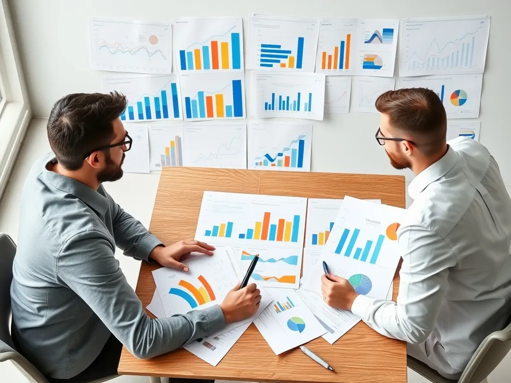 Entrepreneurs and advisors collaboratively working on a diversified investment portfolio with various charts and financial documents