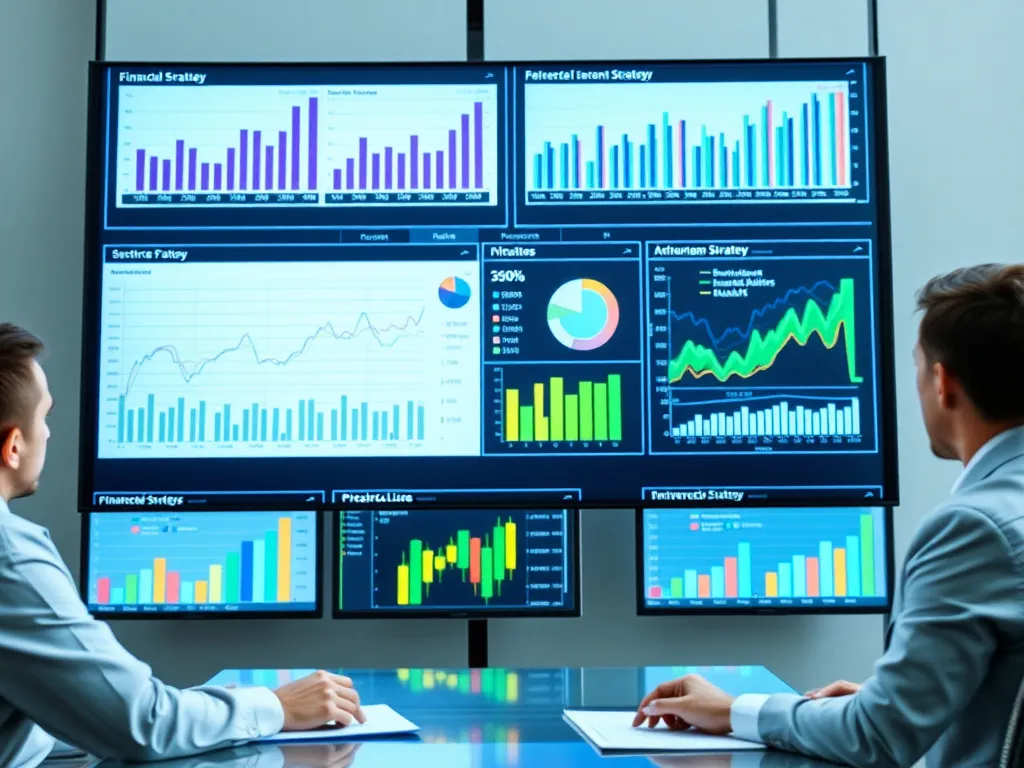 Detailed financial strategy presentation on a large screen with graphs and charts, professionals analyzing data