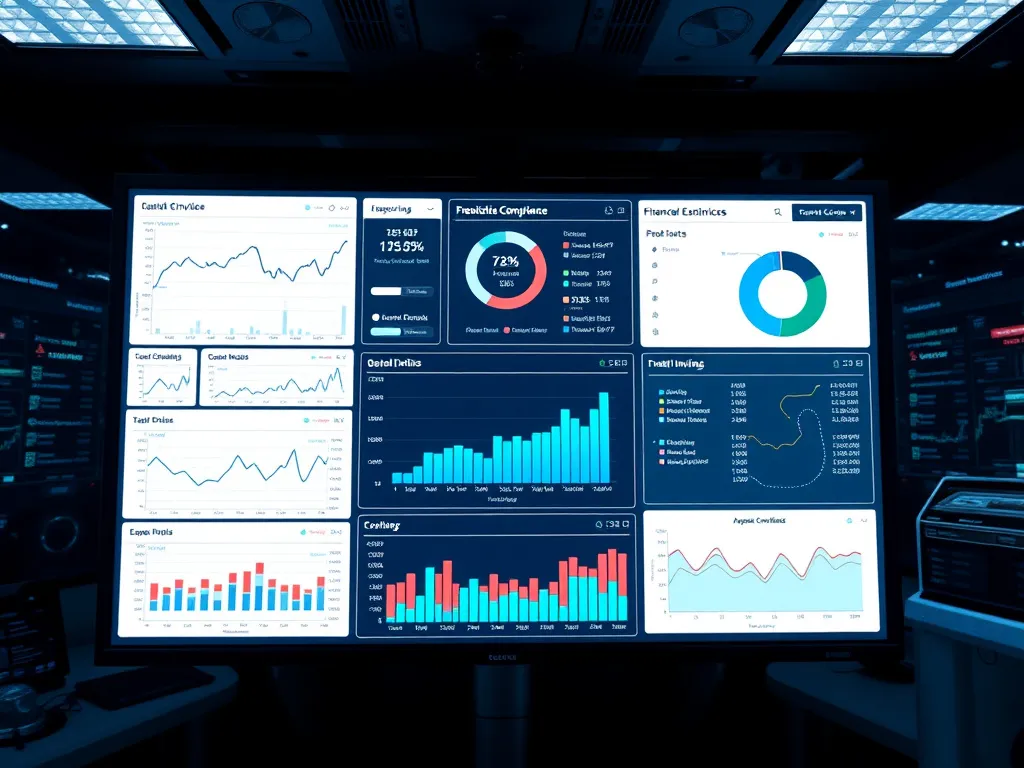 Financial compliance dashboard showing real-time data analytics and automated e-invoicing, high-tech business setting, screens displaying digital graphs