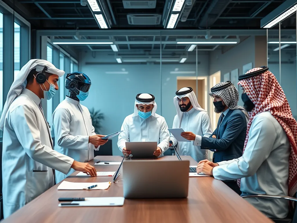 A collaborative team of AI specialists and compliance officers strategizing in a modern Saudi office, diverse and interactive