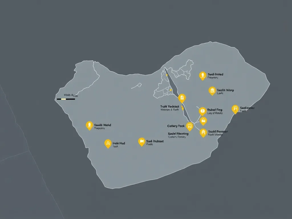 A digital map of Saudi Arabia with highlighted fintech hubs and technological centers, showcasing growth in financial tech