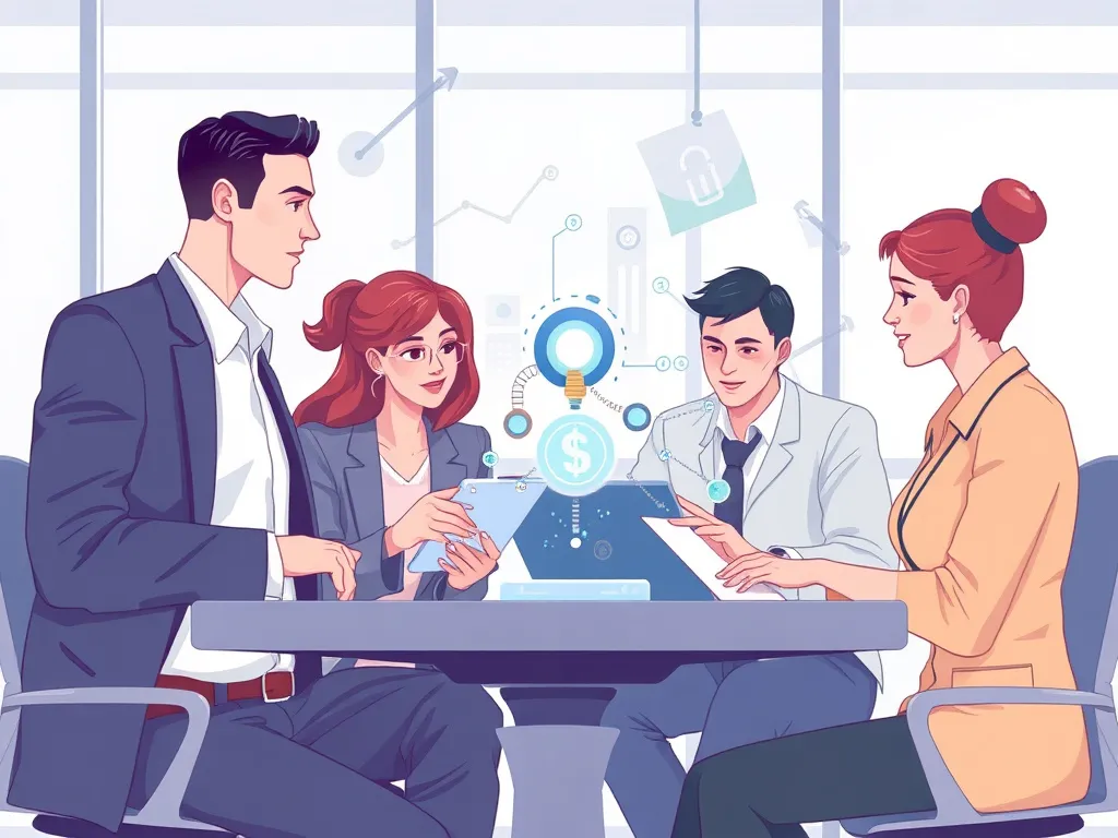 Dynamic illustration of AI working alongside financial professionals, conveying harmony between technology and human expertise, modern office setting