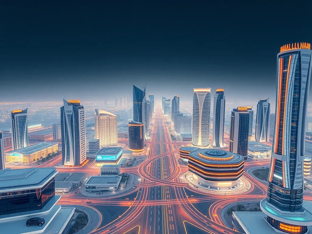Futuristic smart city in Saudi Arabia illustrating the integration of AI in urban infrastructure, with a focus on financial districts
