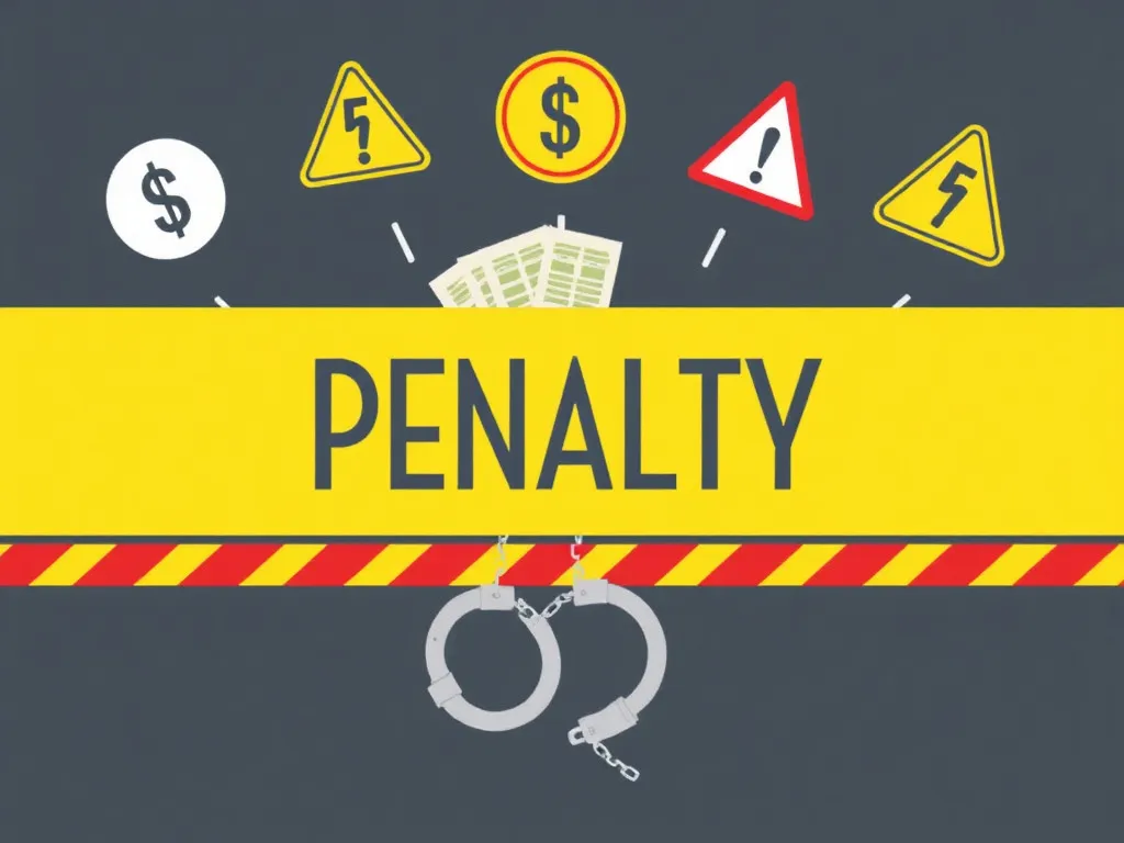 Illustration of a financial penalty scenario with visual indicators like handcuffs, red tape, or caution symbols, conceptual and metaphorical