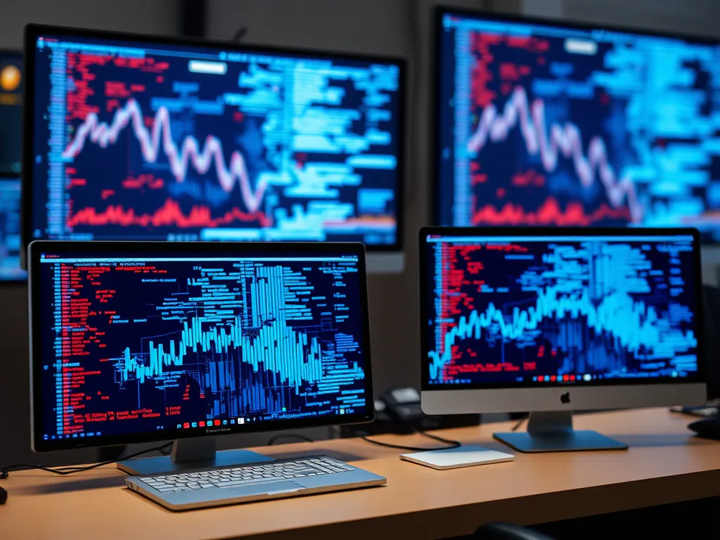 Machine learning algorithms displayed as abstract data flow on screens, depicting modern AI techniques in action, clean design