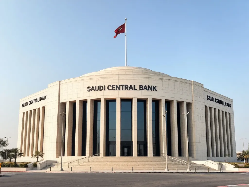 Saudi central bank headquarters with modern architecture, symbolizing financial oversight and regulatory authority, high quality photography