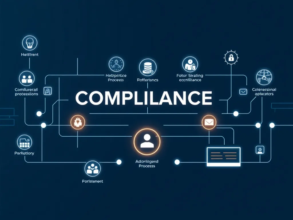 A visual representation of an automated compliance process with robotic elements and seamless operations, futuristic and organized