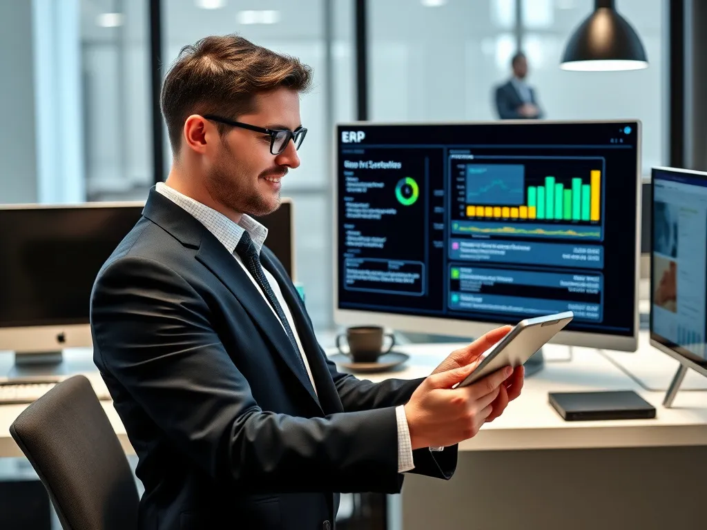 Business professional reviewing ERP system updates and compliance documents with a tablet in hand, modern office setup, high-tech gadgets, clean workspace