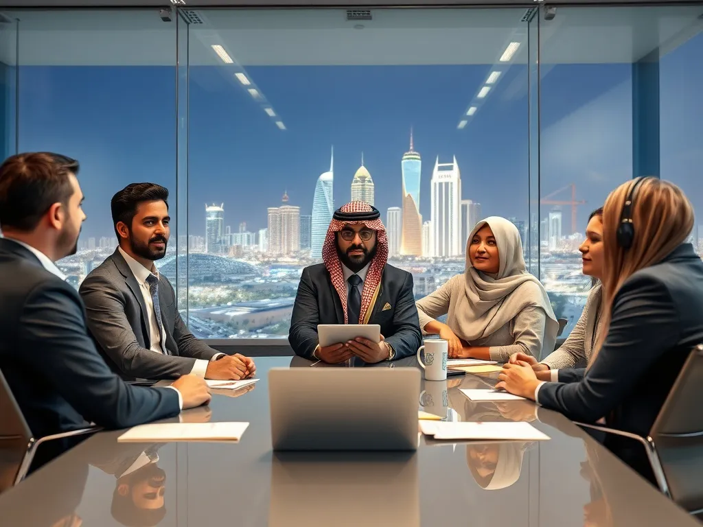Business team in a meeting room discussing ZATCA compliance, with an Arabian city skyline in the background symbolizing Saudi Arabia, modern office, professional setting, diverse team, detailed