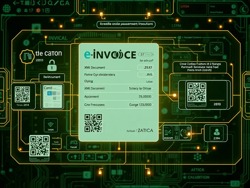 A digital interface displaying e-invoicing process workflows, XML document format, QR codes, and cryptographic elements illustrating ZATCA regulatory compliance, highly detailed, futuristic theme