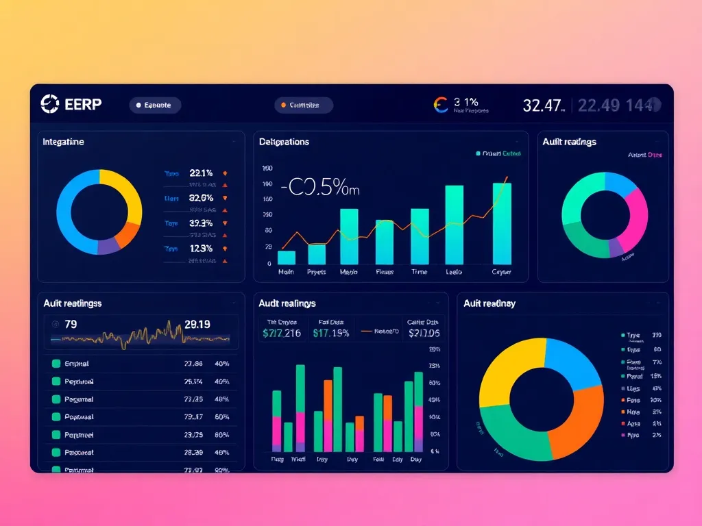 Efficient ERP system dashboard showing integrated finance operations, real-time data submission, and audit readiness features, vibrant colors, clear interface, high-tech feel
