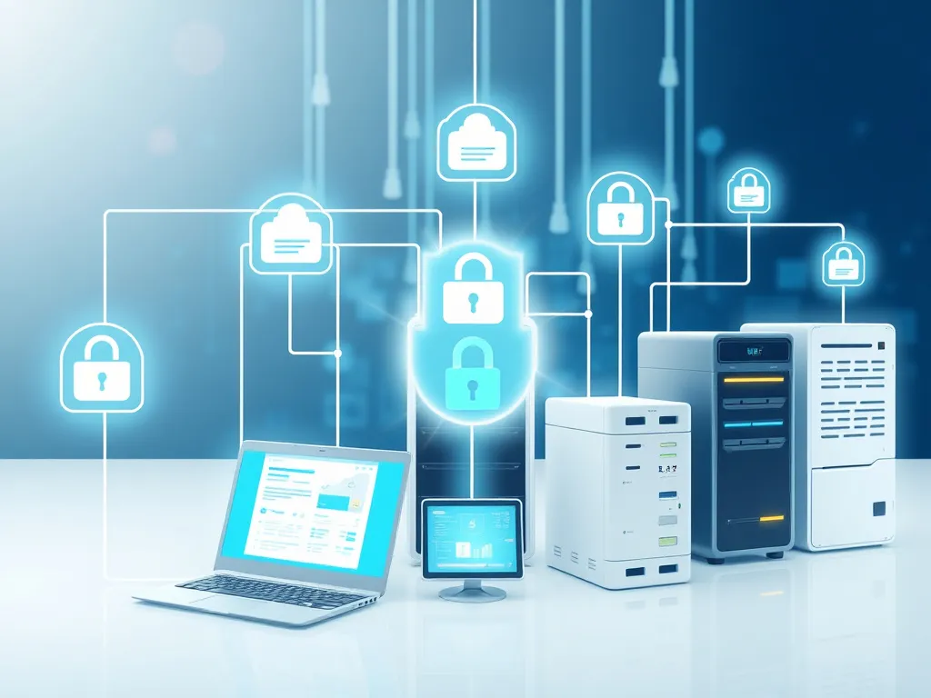 A series of connected devices and servers depicting ERP system integration for e-invoicing, showcasing data security and seamless connectivity, bright, modern infrastructure, network diagram style