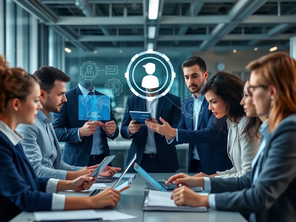 Dynamic teamwork concept featuring business professionals using advanced digital tools for real-time compliance monitoring, diverse work environment, professional and efficient atmosphere, photorealistic