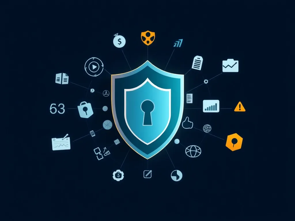 Illustration of compliance as a strategic ally, depicting shield symbol with integrated icons of security, finance, and technology, surrounded by diverse business elements, professional lighting, minimalistic background