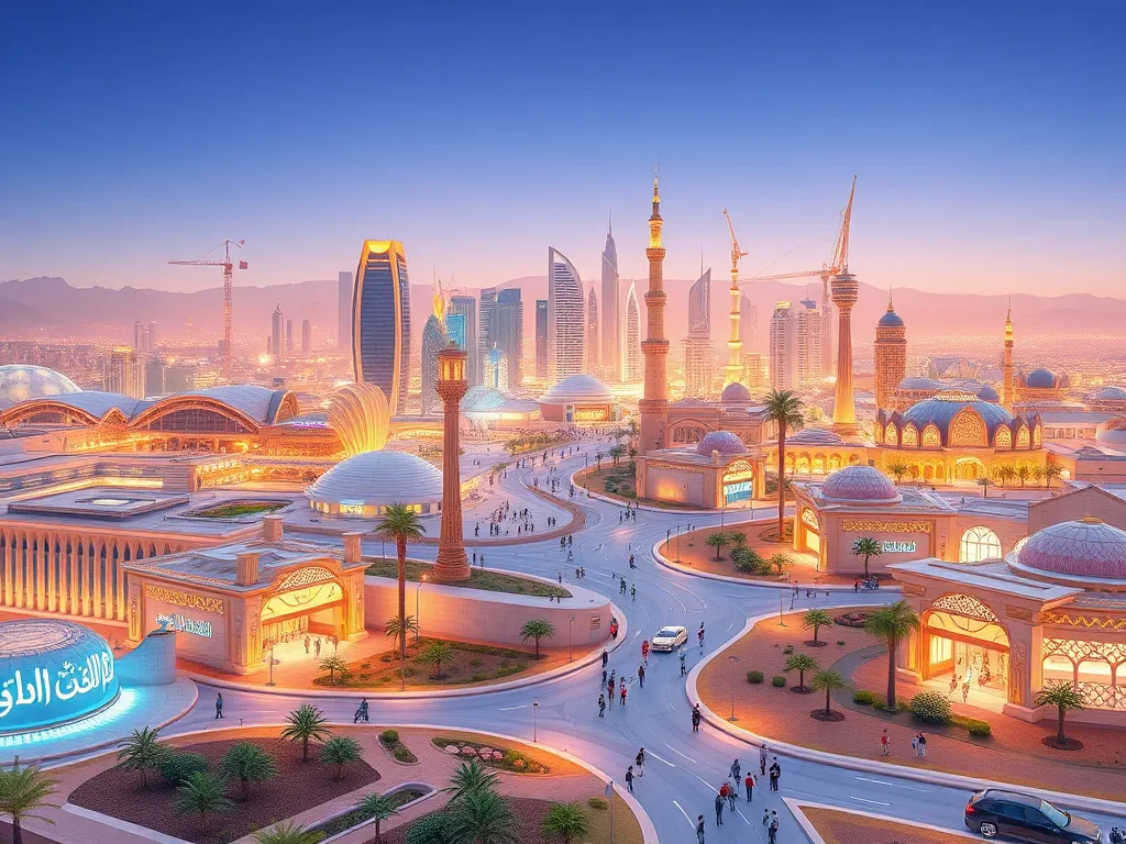 Saudi business landscape transformation, visualizing innovative public and private sector projects under Vision 2030, featuring advanced infrastructure and diverse workforce, photorealistic, vibrant colors