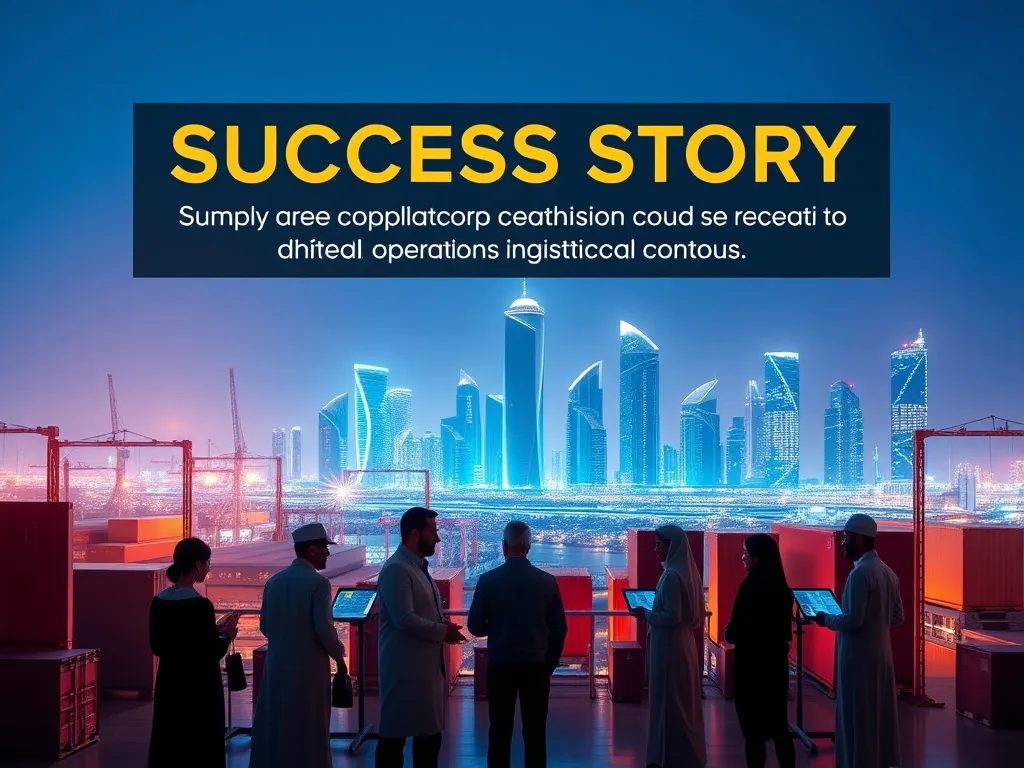 Success story visualization with Riyadh skyline in the background, showcasing compliance-driven efficiency, high-tech logistics operations, diverse professionals interacting, dynamic lighting, photorealistic