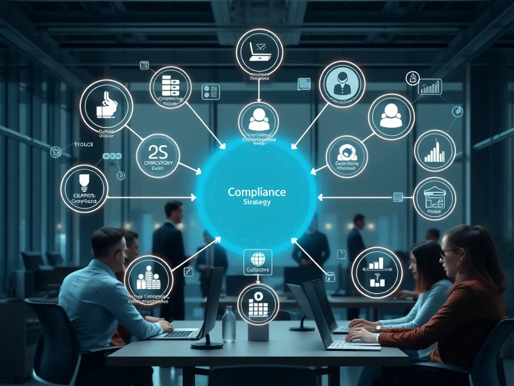 Visual representation of compliance integration into business strategy, showing interconnected digital systems, organizational flowcharts, and diverse professionals collaborating, photorealistic, high-tech office setting