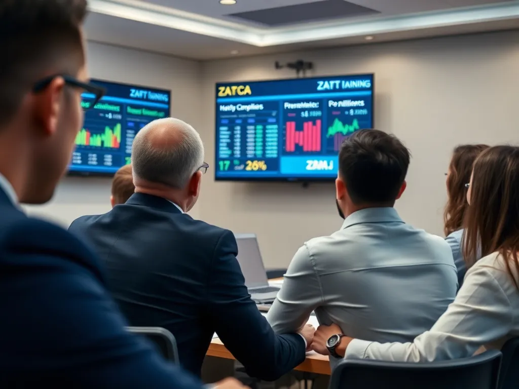 Close-up of business professionals engaged in a dynamic training session on regulatory compliance, with screens displaying financial data and ZATCA compliance requirements, high quality, indoor lighting