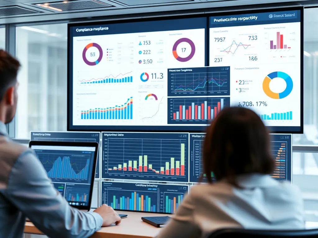 A complex data dashboard and analytical tools used by finance teams for monitoring compliance proactively, showing charts and graphical data representations in a corporate setting