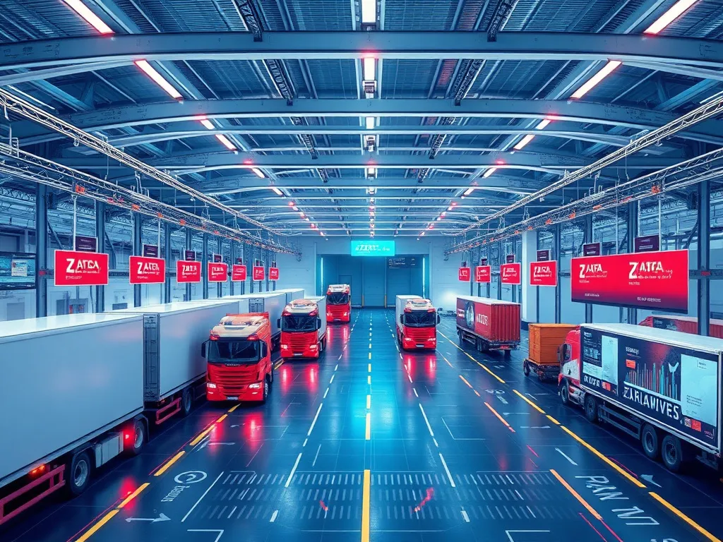 A futuristic view of a logistics hub with streamlined processes and digital infrastructure representing ZATCA's compliance, showing transport vehicles, data flows, and analyses