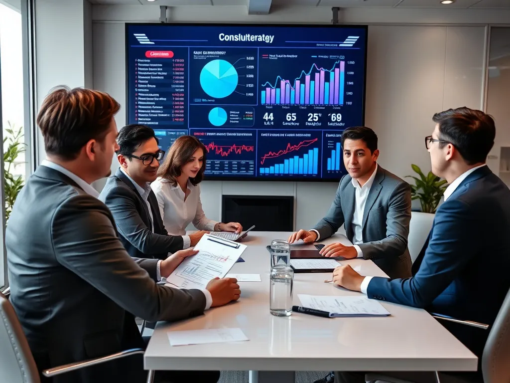 Professional team of consultants in a modern office discussing compliance strategies, with a large digital screen displaying financial metrics and growth charts, emphasis on collaboration and innovation