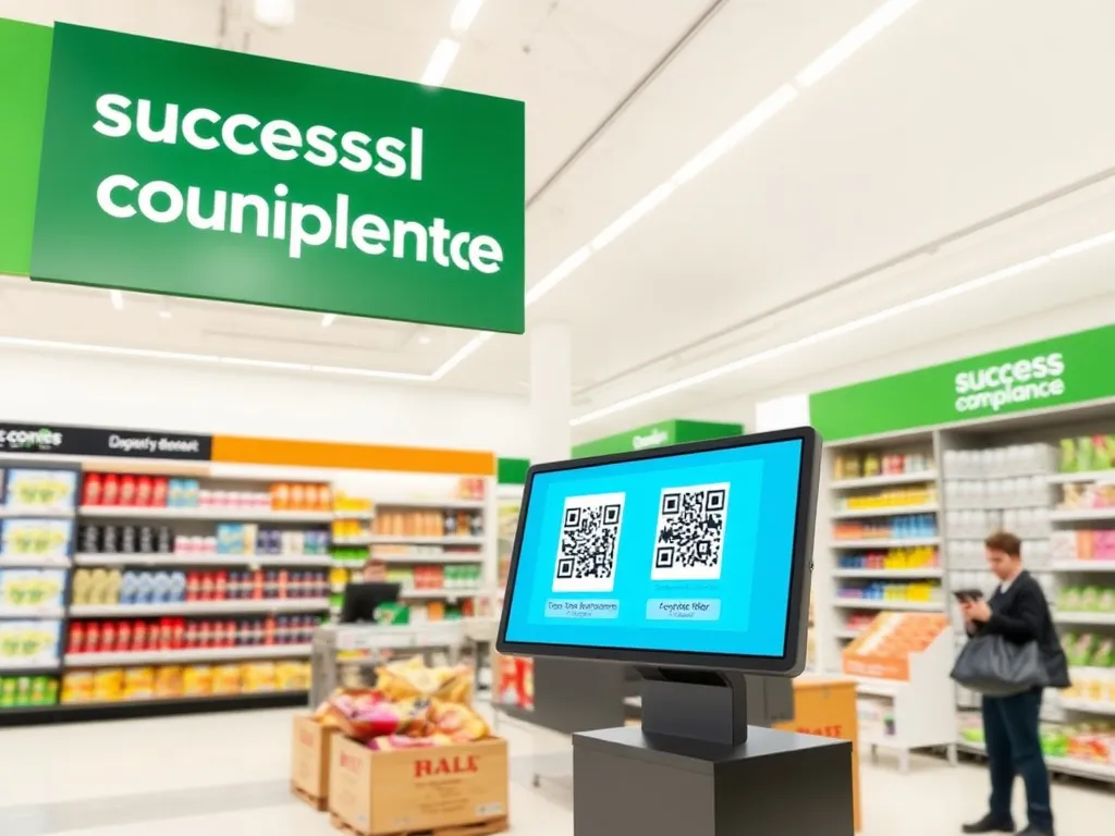 A visual representation of successful compliance in a retail environment, featuring digital displays, QR codes, and real-time data integration in sales systems