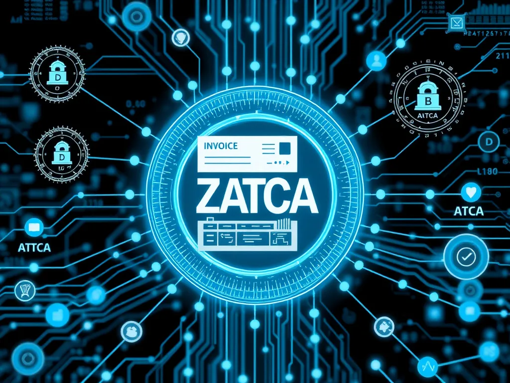 Detailed visualization of technology integration in ZATCA compliance, showcasing digital invoices with cryptographic stamps, and complex network of data analytics, professional style, high-detail